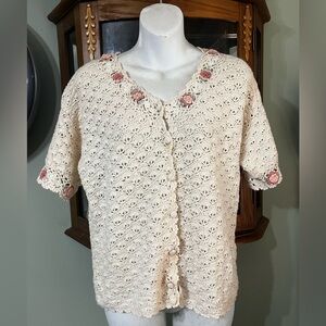 VTG Shenanigans Hand Knot Cottage Core Granny Crochet Rose Cardigan Large